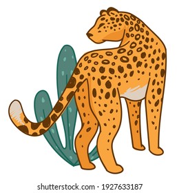 Spotted big cat, feline animal wit fur with spots and long tail. Isolated cheetah in natural habitat, zoo or national park caring for cheetah. Flora and fauna wilderness unity. Vector in flat style