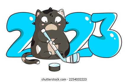 Spotted black kitten with hockey stick and inscription from the numbers 2023