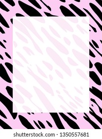 Spotted black and pink frame. Animal print. Imitation of strokes of acrylic paint. Dynamic background with flying flakes.