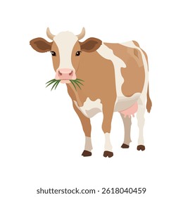 Spotted black and white cow eat green grass vector illustration. Isolated on white background. Dairy industry in simple cartoon flat style.