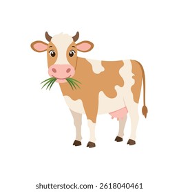 Manchado preto e branco vaca comer verde grama ilustração vetor. Isolado no fundo branco. Indústria de laticínios em estilo simples de desenho animado plano.
