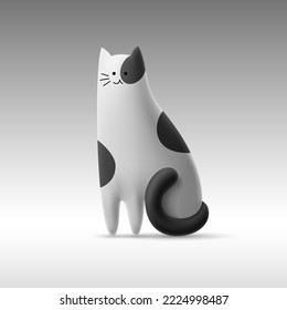 Spotted black and white cute cat in 3D cartoon style. Isolated illustration of volumetric happy funny kitten. Vector template of sitting cat.