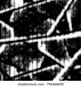 Spotted black and white grunge vector line background. Abstract halftone illustration background. Grunge grid polka dot background pattern
