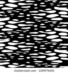 Spotted black and white vector seamless background. Abstract white spots on a black background. Liquid structure. Chaotic moving particles.