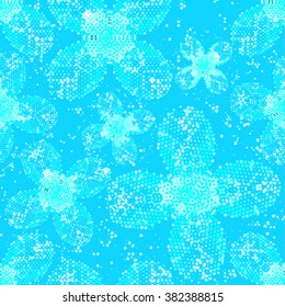 Spotted blue flower grunge illustration with black background. Halftone monochrome floral repeating vector texture 