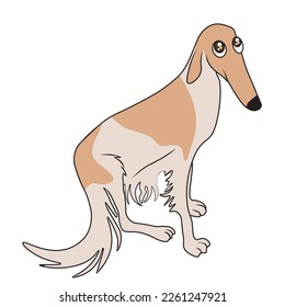 Spotted borzoi dog meme. Cartoon illustration of the borzoi dog whose muzzle is quite long. The eyes are sad, large and watery. Vector isolated on white background.