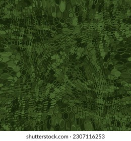 Spotted camouflage masking hexagonal netting. Forest coloring seamless vector pattern. Hiding hex shape texture of abstract military background for army design.