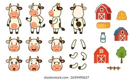Spotted Cartoon Cow Character Kit with Facial Expressions and Farm Items. . Great for animations, children’s books, farm-themed illustrations, and design kits.