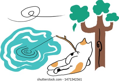 spotted cat fishing under the tree