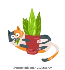El gato manchado se ha mordido una hoja de una flor y está jugando alrededor. Gato de bromista. Ilustración del vector