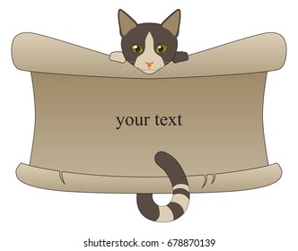 The spotted cat holding a sheet of beige paper for your text