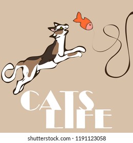 Spotted cat are jumping with teaser tissue orange fish on a string. A picture can be used to depict the everyday life of happy domestic cats.