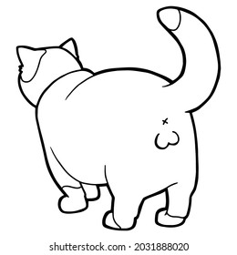 Spotted cat with large testicles. Back view. Coloring page. Black outline. 