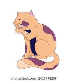 El gato localizado se lamía a sí mismo personaje de caricatura lineal 2D. Los ojos cerraron la lengua de gatito. Fondo blanco del vector de línea aislado de mascota de un solo animal. Ilustración de manchas planas de color frondoso