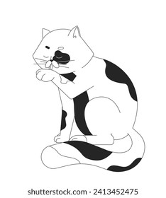 Spotted cat licking itself black and white 2D line cartoon character. Eyes closed kitty tongue out. Single animal pet isolated vector outline animal. Pedigreed monochromatic flat spot illustration