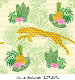 Spotted cat of prey. Leopard. Tropical exotic seamless pattern. Vector.