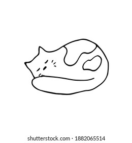 El gato destartalado está durmiendo. Ilustración del doodle dibujada a mano por vectores. contorno blanco y negro. Colores
