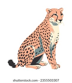 Spotted cheetah sitting, looking cute on plain savannah icon isolated