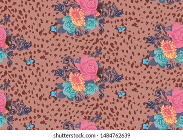 Spotted cheetah skin decorated with roses and leaves design.