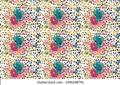 Spotted cheetah skin decorated with roses and leaves design.