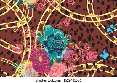 Spotted cheetah skin decorated with roses and leaves design.