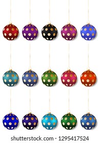 Spotted Christmas ball set on white background for holiday decoration. Christmas balls vector illustration in different colors. Set of 15 for tree decorations, banner, poster and advertising.