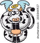 Spotted chubby cow with a halo on top of its head while floating thanks to its wings, posing, staring at you and praying by joining all its hooves in a very holy and funny attitude