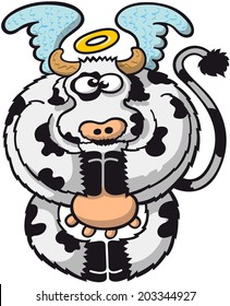 Spotted chubby cow with a halo on top of its head while floating thanks to its wings, posing, staring at you and praying by joining all its hooves in a very holy and funny attitude