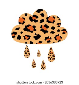 Nube vista con gotas de lluvia en un fondo blanco. Impresión de leopardo de moda. Vector.