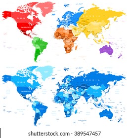 Spotted Color and Blue World Map - borders, countries and cities - illustration

Image contains next layers:
- land contours
- country and land names
- city names
- water object names 