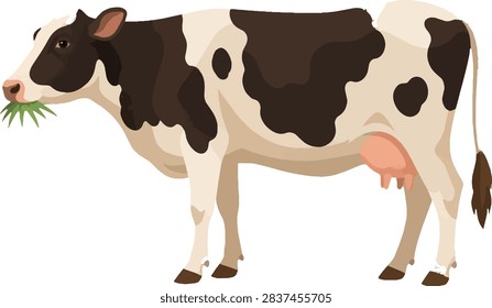 Spotted cow chewing grass side profile facing left full body farm animal vector illustration