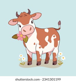 Spotted cow in a clearing with flowers vector illustration in a cartoon style.