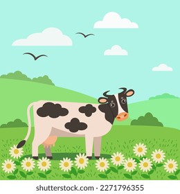 spotted cow in a flower meadow