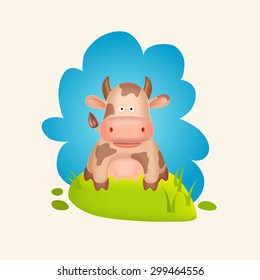 Spotted cow, front side view. Funny style. Vector illustration EPS 10.