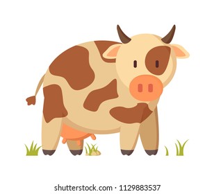 Spotted cow funny character in cartoon style on white background poster. Vector farm animal on grass depiction for book or magazine illustration.