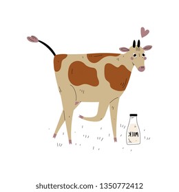 Spotted Cow with Glass Bottle of Milk, Dairy Cattle Animal Husbandry Breeding Vector Illustration