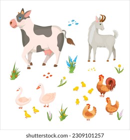 Spotted cow, Gray goat, Rooster, Chicken, Chickens, Geese. Set of animals. Farm animals. Cattle breeding Vector illustration isolated on white background.