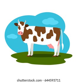 Spotted cow grazing in a meadow. The concept of a farm and the production of milk. Flat vector illustration isolated on white background