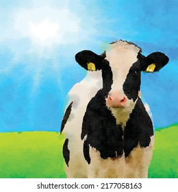 Spotted cow in green meadow on sunny day and clear sky. Realistic hand drawn watercolor illustration. Hand painted vector Clip art. Template.