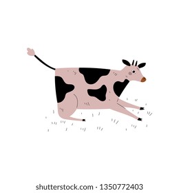 Spotted Cow Lying on Meadow, Dairy Cattle Animal Husbandry Breeding Vector Illustration