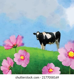 Spotted cow in a meadow with pink flowers in the foreground and cloudy sky on the background. Based on hand-draw realistic  watercolor picture. Vector illustration clip art. Template.