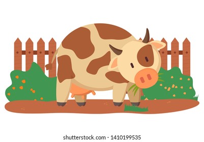 Spotted cow near fence and green bushes domesticated rustic animal with horns. Vector young bovine calf isolated on white, farming and agriculture concept