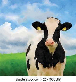 Spotted cow on a green land against the background of cloudy sky. Realistic hand drawn watercolor illustration. Hand painted vector Clip art. Template.