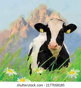 Spotted cow on a green lawn with tall grass and chamomiles against the background of the rocky mountains. Realistic hand drawn watercolor illustration. Hand painted vector Clip art. Template.
