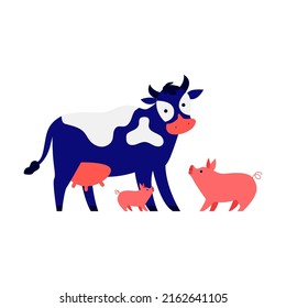 Spotted cow and pig flat vector illustration. People feeding pigs and cow, growing natural food concept