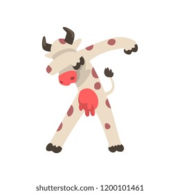 Spotted cow standing in dub dancing pose, cute cartoon animal doing dubbing vector Illustration on a white background