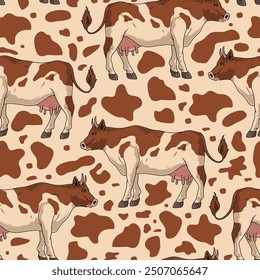 Spotted cows colorful seamless pattern with cattle raised by agro companies for production of sausage and dairy products vector illustration