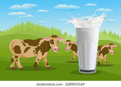 Spotted cows in the meadow and a glass with milk splash, landscape. Poster, banner, illustration, vector	