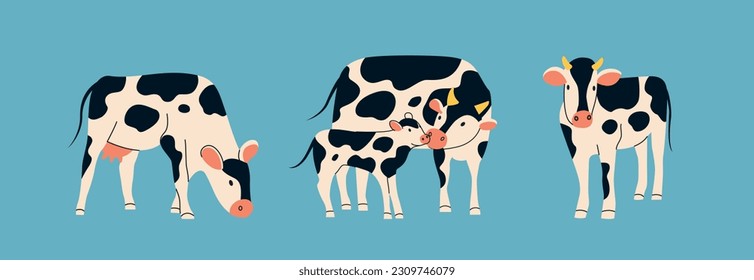 Spotted cows set. Vector flat style illustration