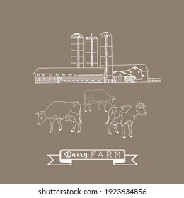 Spotted cows, vector illustration in sketch style. Drawing in white on a dark background